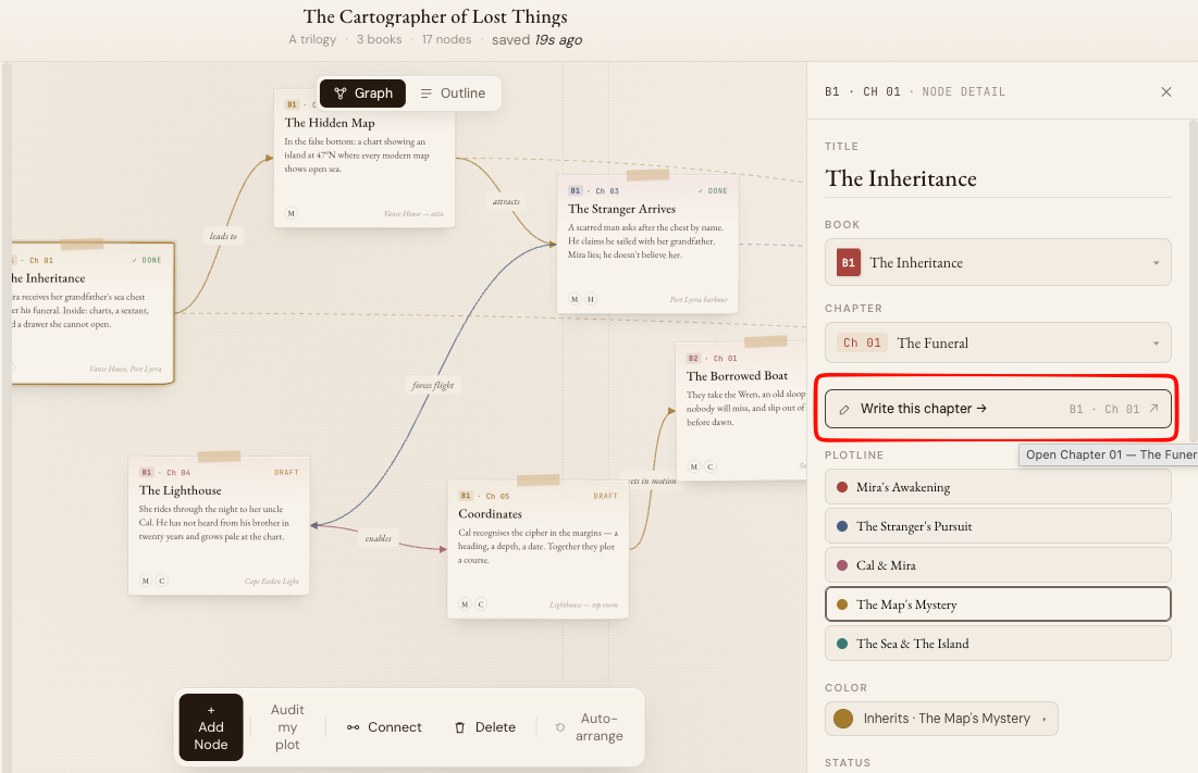 Story Graph node detail with Write this chapter button