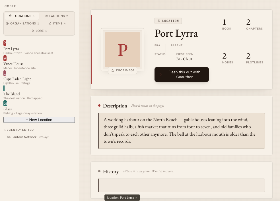 Ink Fortress codex profile with structured story memory